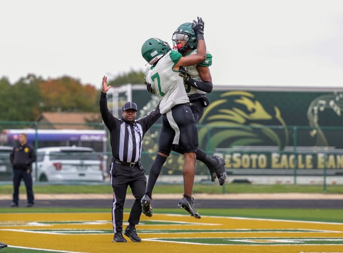 DeSoto players celebrate a touchdown in an upset of then-top-ranked Duncanville in October.